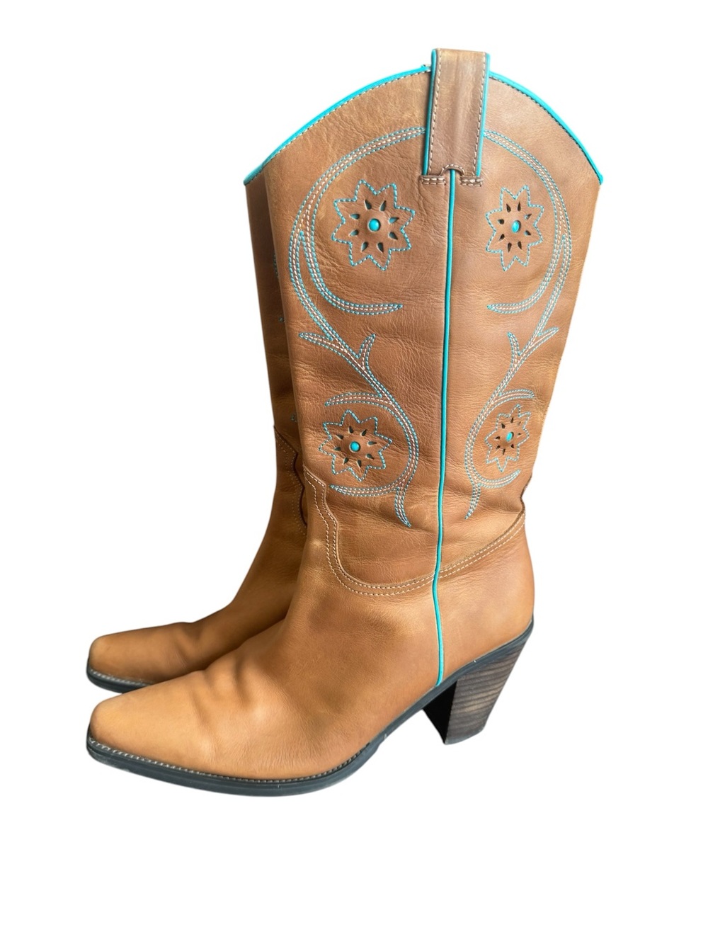 Y2K Franco Sarto Cowboy Boots Turquoise Brown Leather Vintage Western Womens 9.5